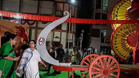 West Bengal Chief Minister Mamata Banerjee at the inauguration of a community Durga Puja pandal, in Kolkata. 