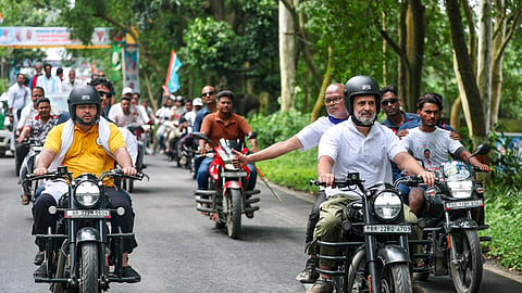  Leader of Opposition in the Lok Sabha Rahul Gandhi and RJD leader Tejashwi Yadav ride motorcycles with others during the 'Voter Adhikar Yatra', in Bihar.