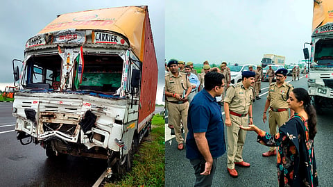Wreckage of a vehicle at the site after a truck allegedly rammed into a tractor-trolley carrying pilgrims, in Uttar Pradesh's Bulandshahr district, Monday, Aug. 25, 2025. 
