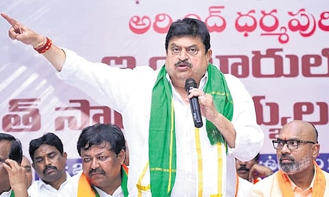 BJP State President N  Ramchander Rao addressing party workers meeting at Sri Rama Gardens in Nizamabad on Monday , attend party workers .