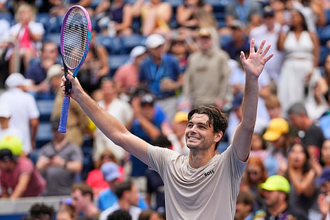 Taylor Fritz, of the United States, reacts after defeating Emilio Nava, of the United States, during the first round of the US Open tennis championships, Sunday, Aug. 24, 2025, in New York. 