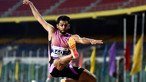 M Sreeshankar of Kerala in action during men's long jump finals during the 64th National Inter-State Senior Athletics Championships at Jawaharlal Nehru Stadium in Chennai on Sunday