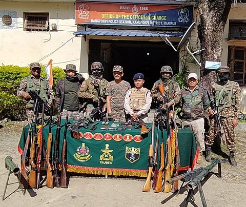 In another operation in the vicinity of Kotzim village, security forces recovered a carbine, a single-barrel rifle, three improvised mortars, two hand grenades, and three pull-mechanism rifles, police said.