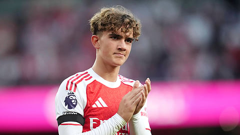 Arsenal's Max Dowman acknowledges the fans after the English Premier League soccer match between Arsenal and Leeds United.