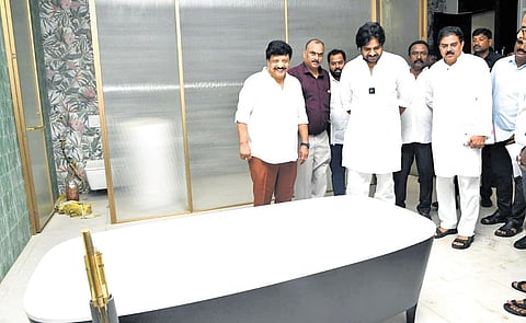 Deputy Chief Minister Pawan Kalyan, Ministers K Durgesh and Nadendla Manohar  inspect Rushikonda buildings in Visakhapatnam on Friday.