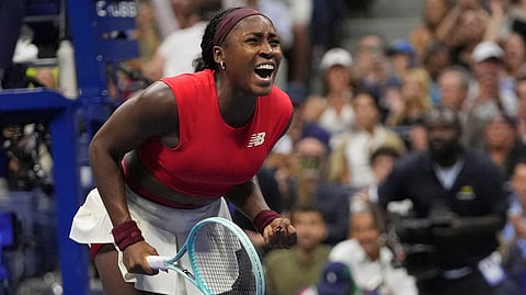 Coco Gauff, of the United States, reacts to defeating Donna Vekic, of Croatia, during the second round of the U.S. Open tennis championships, Thursday, Aug. 28, 2025, in New York. 