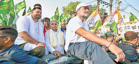 LoP in the Lok Sabha Rahul Gandhi with Karnataka Chief Minister Siddaramaiah and RJD leader Tejashwi Yadav during the ‘Voter Adhikar Yatra’ in Gopalganj, Bihar, on Friday 
