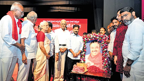 Chief Minister A Revanth Reddy, along with Left leaders, at the memorial meeting of senior CPI leader Suravaram Sudhakar Reddy at Ravindra Bharathi in Hyderabad.