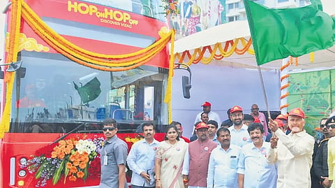 Chief Minister Nara Chandrababu Naidu flags off the Hop-on Hop-off double-decker tourist bus at Beach Road in Visakhapatnam on Friday 