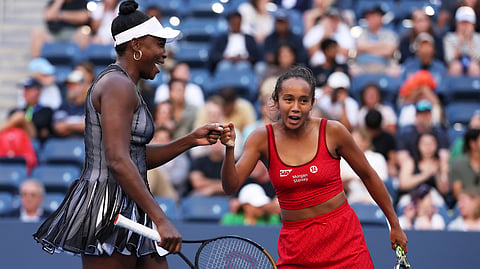 Venus Williams, of the United States, celebrates with doubles partner Leylah Fernandez, of Canada, during the US Open tennis championships, Saturday, Aug. 30, 2025, in New York. 