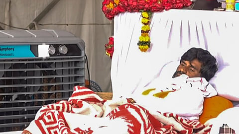 Maratha quota agitation leader Manoj Jarange during his hunger strike for the third day, in Mumbai, Sunday, Aug. 31, 2025