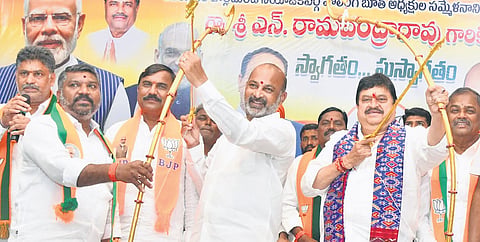Union minister Bandi Sanjay and BJP state president N Ramchander Rao during a meeting of party’s polling booth presidents in Karimnagar on Wednesday.
