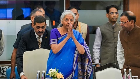 Finance Minister Nirmala Sitharaman (C) and Union Minister of State for Finance Pankaj Chaudhary (R) during the 56th GST Council meeting in New Delhi.