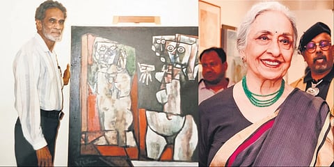 Painter KS Kulkarni at Gallerie Ganesha (L). Curator Shobha Bhatia (R). 