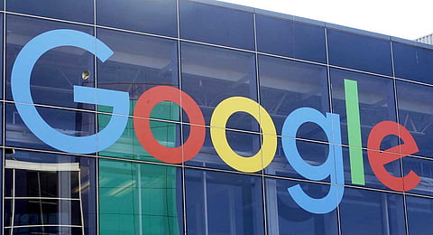 A sign is displayed on a Google building at their campus in Mountain View, Calif., Sept. 24, 2019.