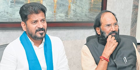 Chief Minister A Revanth Reddy and Irrigation Minister N Uttam Kumar Reddy during a review meeting on SLBC works in Hyderabad on Thursday. 