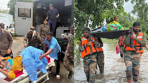 Army personnel rescuing a pregnant woman (L), elderly woman (R).