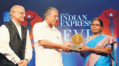Dr Shirley Vasu receiving The New Indian Express Devi Award from Chief Minister Pinarayi Vijayan in Kochi in 2016 