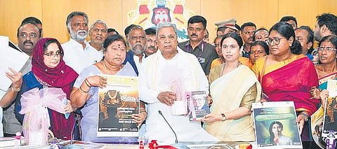 Chief Minister Siddaramaiah launches a baseline survey of gender minorities and re-survey of former devadasis, as Women and Child Development Minister Laxmi Hebbalkar and other officials look on, in Bengaluru on Thursday. 