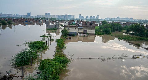 A flooded residential area after the Yamuna river water enters the Jaitpur Yamuna Pushta locality during the monsoon season, in New Delhi, Wednesday, Sept. 03, 2025. 