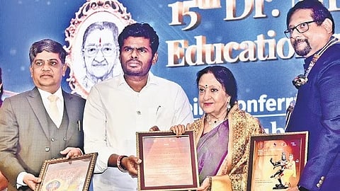 BJP leader K Annamalai honours danseuse Padma Subrahmanyam with Dr Mrs YGP Educationist award on Thursday.