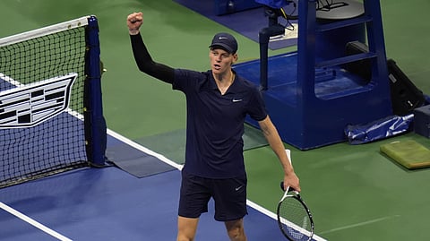 Jannik Sinner, of Italy, reacts after defeating Felix Auger-Aliassime, of Canada, during the men's singles semifinals of the U.S. Open tennis championships, Friday, Sept. 5, 2025, in New York.