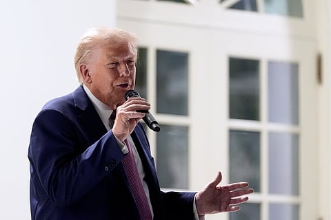 President Donald Trump speaks at a dinner in the Rose Garden of the White House, Friday, Sept. 5, 2025, in Washington. 