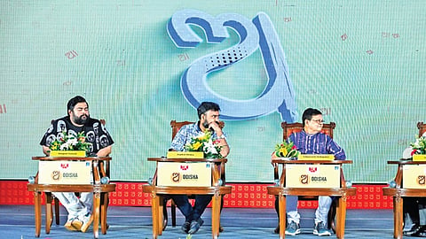 (From left) Filmmakers Anupam Patnaik, Jagdish Mishra, Sabyasachi Mohapatra and Susant Misra in discussion at the OLF-2025 on Sunday.