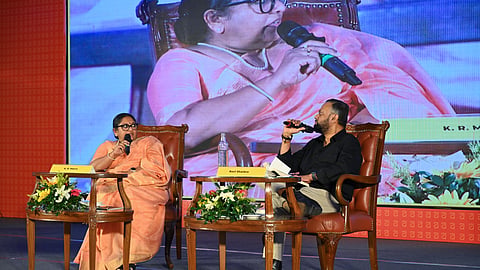 Sunday Standard Consulting Editor Ravi Shankar speaks to writer K. R. Meera during the session Crime Friction: When Darkness Comes Calling at OLF in Bhubaneswar on Saturday. 