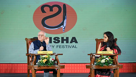 Consultant and Author Lipika Bhushan and Former Member of Planning Commission Arun Maira in conversation during the session Making of a Nation: Fixing the Economy at OLF in Bhubaneswar on Saturday. 