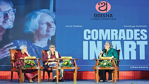 Actor and filmmaker Amol Palekar and his author-spouse Sandhya Gokhale speak to senior journalist Kaveree Bamzai during the session ‘Comrades in Arts: Love, Life, and Literature’ at the Odisha Literary Festival, in Bhubaneswar on Saturday
