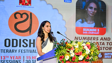 Data Journalist Rukmini S speaks during the session Numbers and Narratives: Using Data To Tell Indias Stories at OLF in Bhubaneswar on Saturday. 