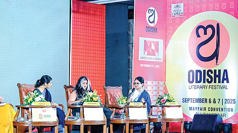 Journalist Lovely Majumdar in conversation with panelists Neha Dixit, Ipsita Chakravarty and Divya Kandukuri during their session ‘Margins to Mainstream: Chronicling Invisible Lives’, on the concluding day of the Odisha Literary Festival-2025 in Bhubaneswar on Sunday | DEBADATTA MALLICK