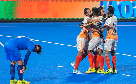 India's Dilpreet Singh, 2, celebrates with teammates after scoring a goal during a Men's Hockey Asia Cup 2025 match between India and Korea, in Rajgir, Bihar, Sunday, Sept. 7, 2025. 