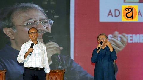 Authors Balaji Vittal and Anirudha Bhattacharjee perform during the session ‘The Gilded Age of Music: Revisiting Kishore Kumar’, at Odisha Literary Festival on Saturday.