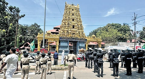 Students of Noorul Hudha Madrasa from Kottapara saluting the Palakunnu Bhagavathi temple during the Eid-e-Milad-un-Nabi procession held recently