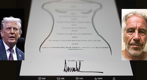 This image posted Monday, Sept. 8, 2025, on the X account of the Democrats on the House Oversight Committee shows a sexually suggestive birthday note to Jeffrey Epstein alluding to a “wonderful secret” and purportedly signed by President Donald Trump, who has denied sending the note.