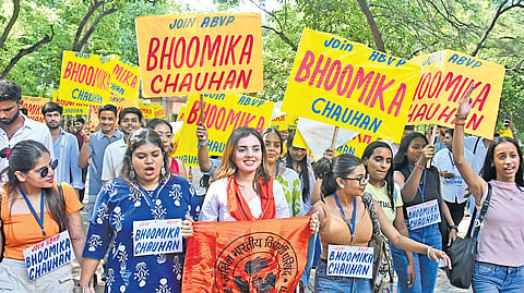 ABVP’s candidate Bhoomika Chauhan campaigning for polls.