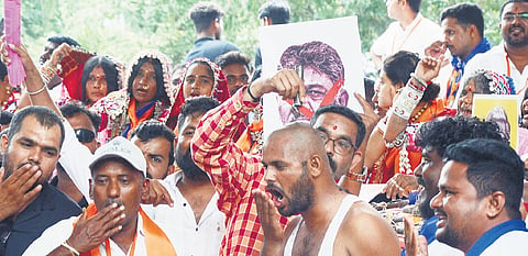 All India Banjara Seva Sangh members stage a protest demanding 5% reservation at Freedom Park in Bengaluru on Wednesday.