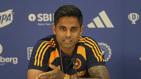 Indian men's T20 Captain Suryakumar Yadav looks on during the press conference to announce the team for the Cricket Asia Cup 2025 at the BCCI Headquarters in Mumbai, Tuesday, Aug 19, 2025.