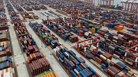  Shipping containers are seen ready for transport at the Guangzhou Port in the Nansha district in southern China's Guangdong province on April 17, 2025