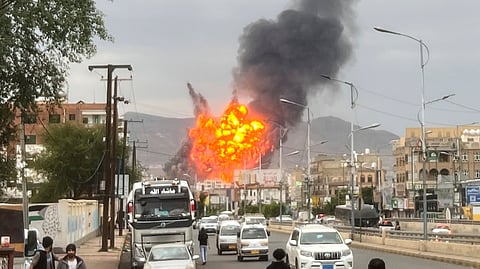 Flames and smoke rise following Israeli airstrikes in Sanaa, Yemen, Wednesday, Sept. 10, 2025