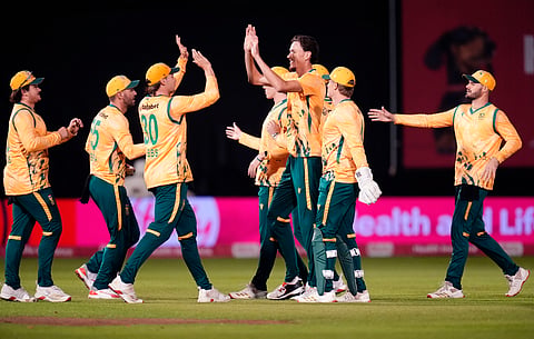 South Africa's Marco Jansen, center, celebrates taking the wicket of England's Jacob Bethell during the first International T20 cricket match at Sophia Gardens in Cardiff, Wales, Wednesday, Sept. 10, 2025.