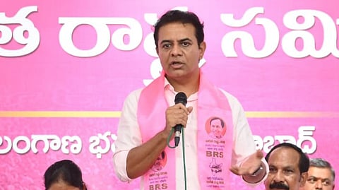 KTR addressing the party workers from the Rahmath Nagar division in Jubilee Hills Assembly constituency at Telangana Bhavan.