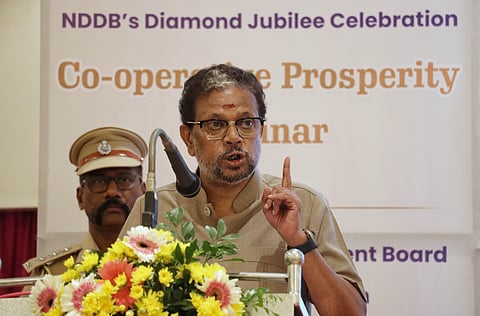 Lt. Governor K. Kailashnathan addressing at the seminar on "Cooperative Prosperity" org. by NDDB and Cooperative Dept. in Puducherry on Thursday.