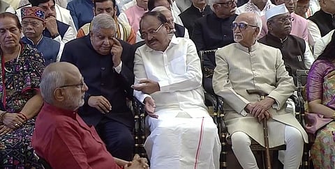 Appearing visibly calm, Dhankhar was accompanied by his wife and was seen casually conversing with former Vice President Venkaiah Naidu during the oath-taking ceremony.