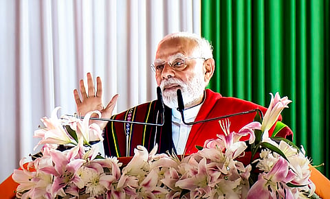 Prime Minister Narendra Modi during laying of foundation stone and inauguration of development works, in Churachandpur, Manipur.