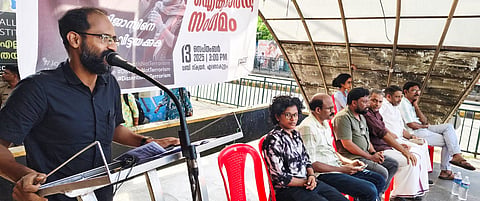 Kappan speaking at the Kochi protest for Rejaz on Saturday.