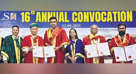 Union Law Minister Arjun Ram Meghwal presents doctorate degrees to Sree Gokulam Group founder A M Gopalan, cricketer Ashwin, and filmmaker Vetrimaaran at the Vels Institute of Science on Friday 