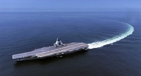 In this photo released by Xinhua News Agency, China's third conventionally powered aircraft carrier, the Fujian, conducts a maiden sea trial on May 7, 2024. 